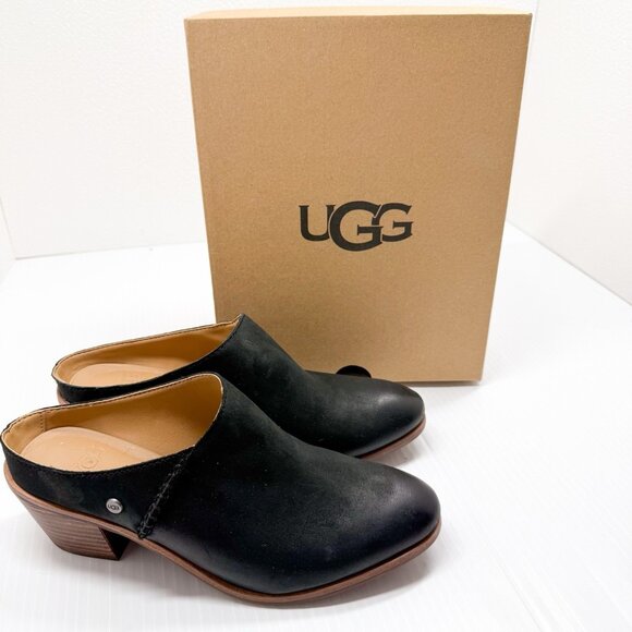 UGG Lovisa Leather Mule Clogs Black Slip On Block Heel Comfort US Size 6 Women - Picture 10 of 10